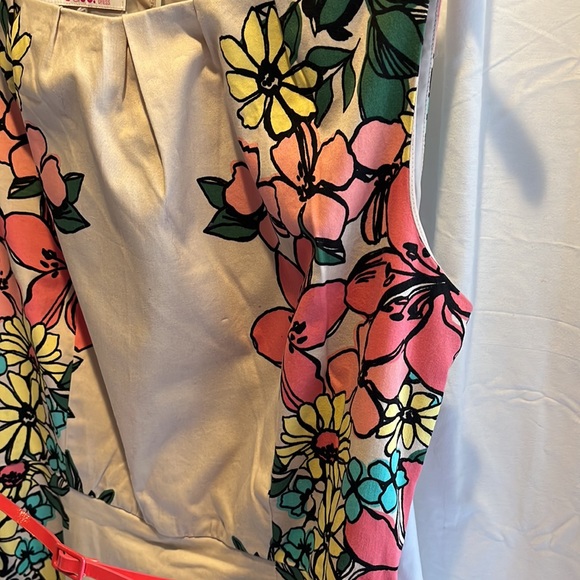 Tan with teal, coral & yellow flowers dress with belt - Picture 2 of 4
